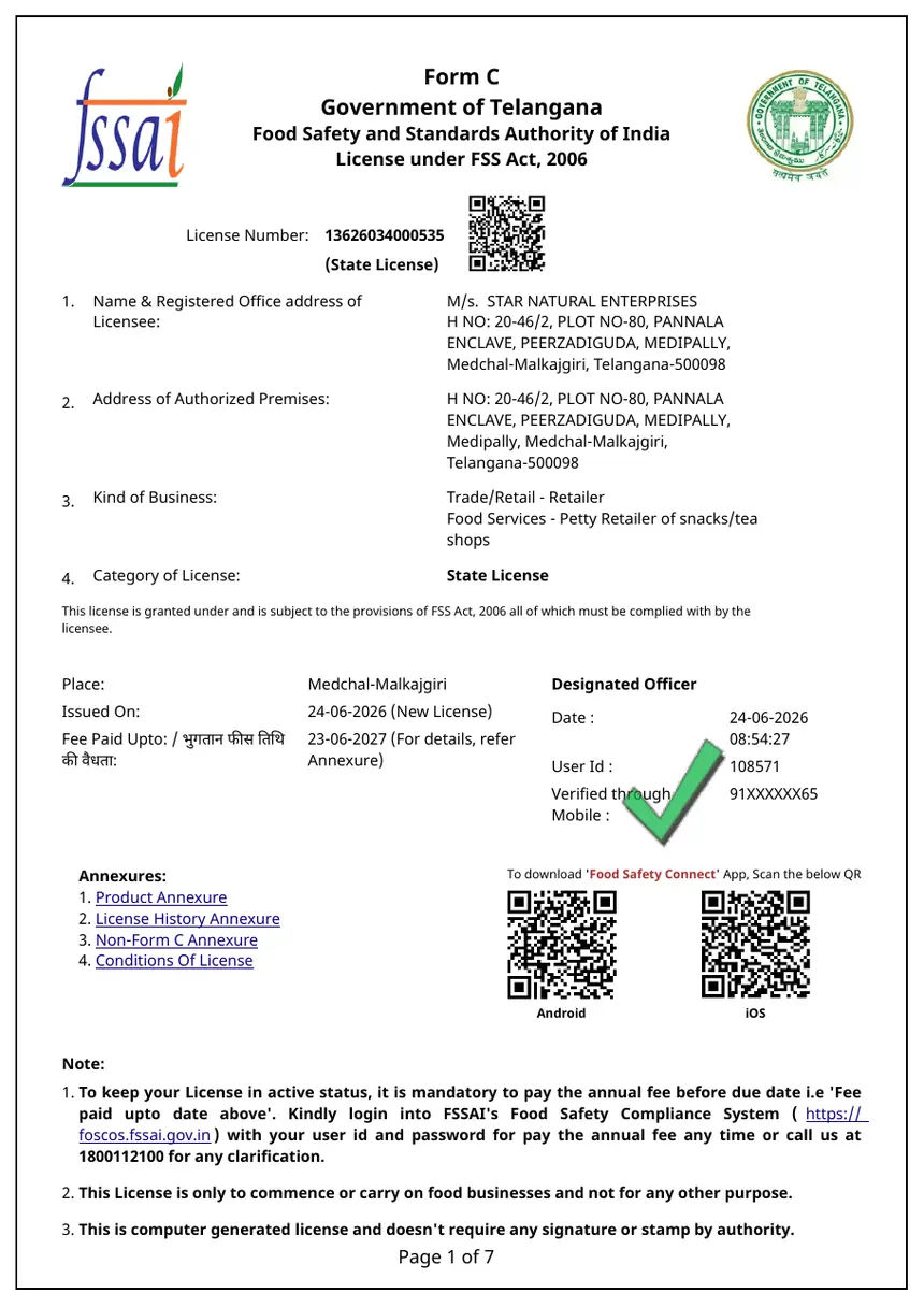 FSSAI state food safety licence of Star Natural Enterprises