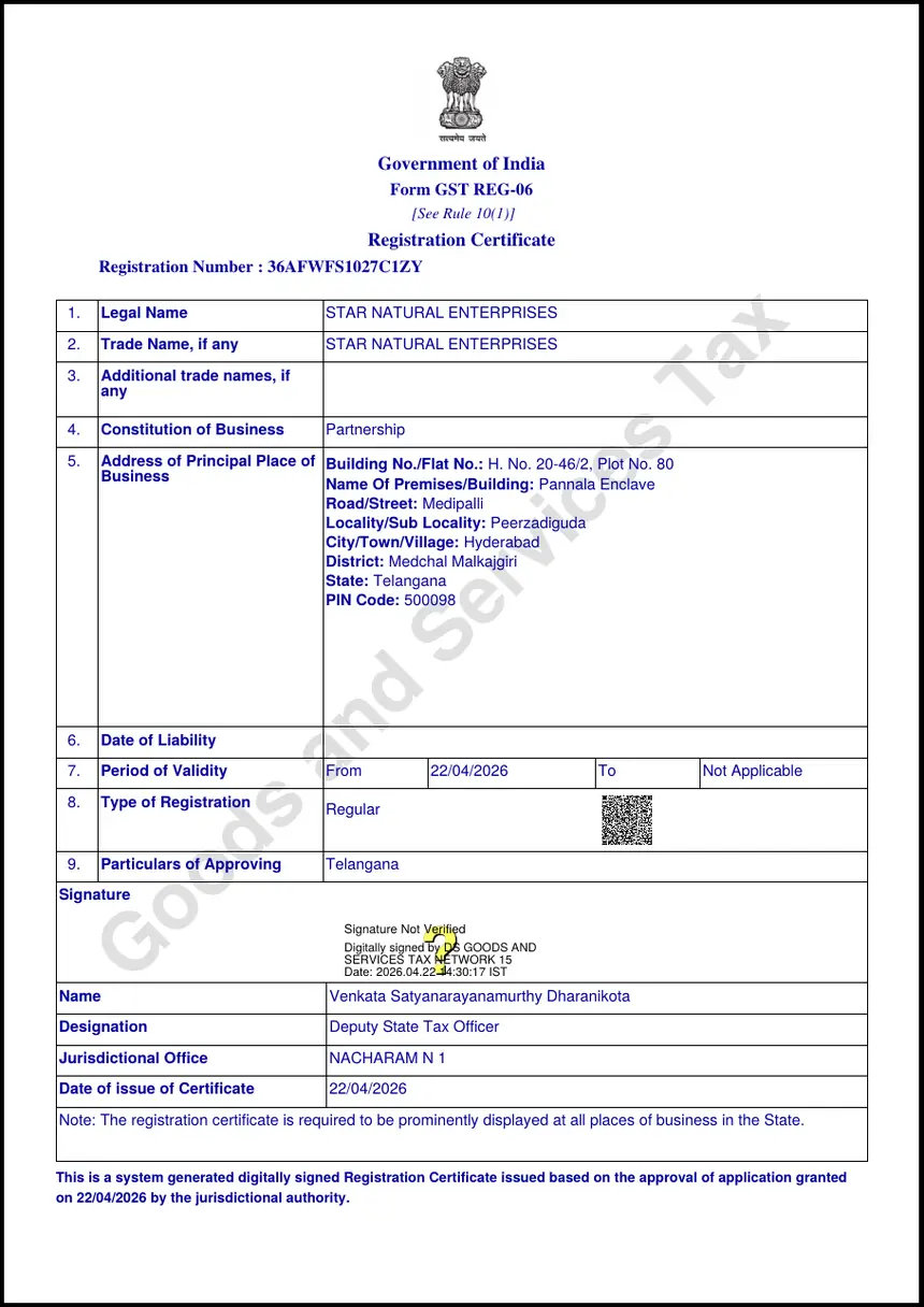 GST registration certificate of Star Natural Enterprises
